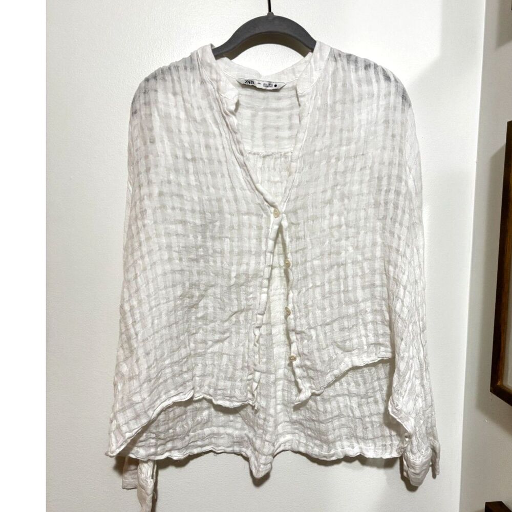 Zara Crinkled Gauze Button Front Blouse L Boho Cottagecore White Layering Top